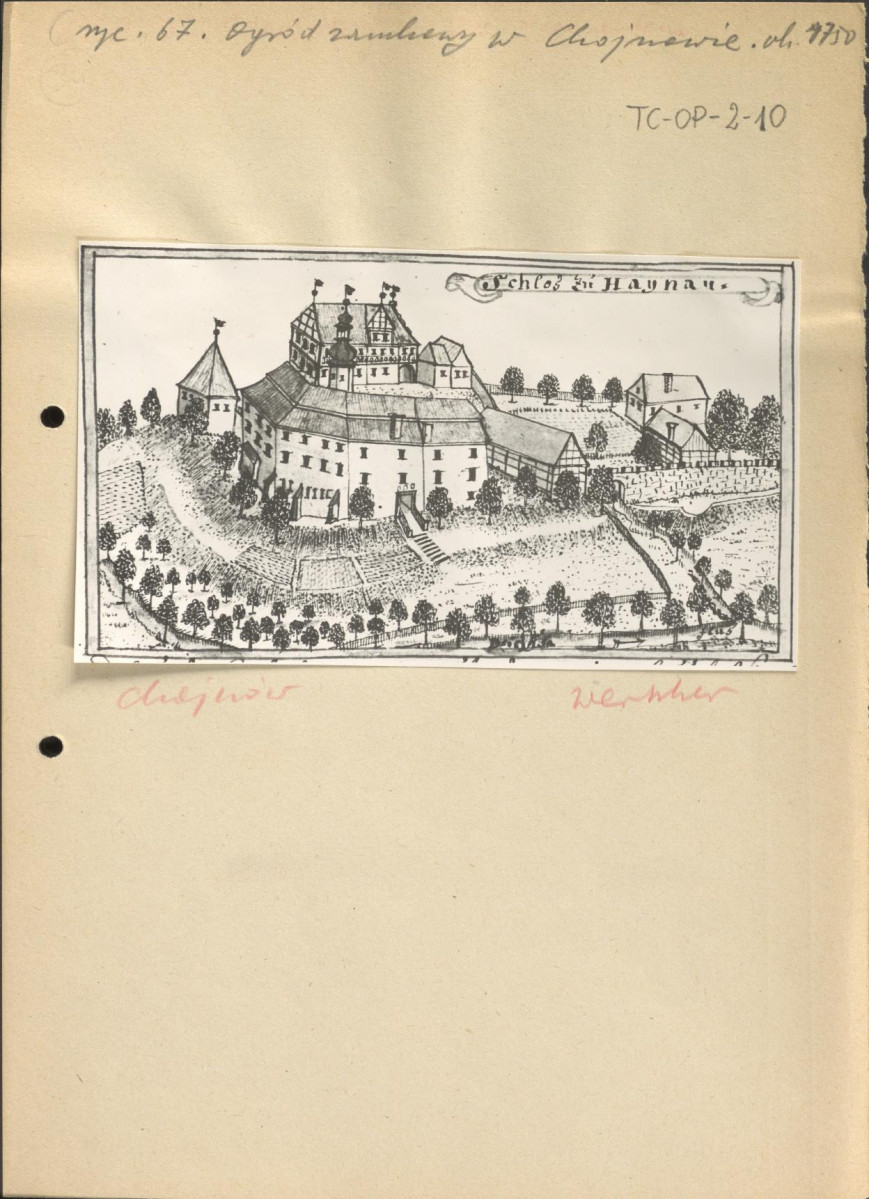 karta z opisem oraz fotografia przedstawiająca wg opisu "Ogród zamkowy w Chojnowie ok. 1750" reprodukcja z Werhner, ryc. 67, skan 1