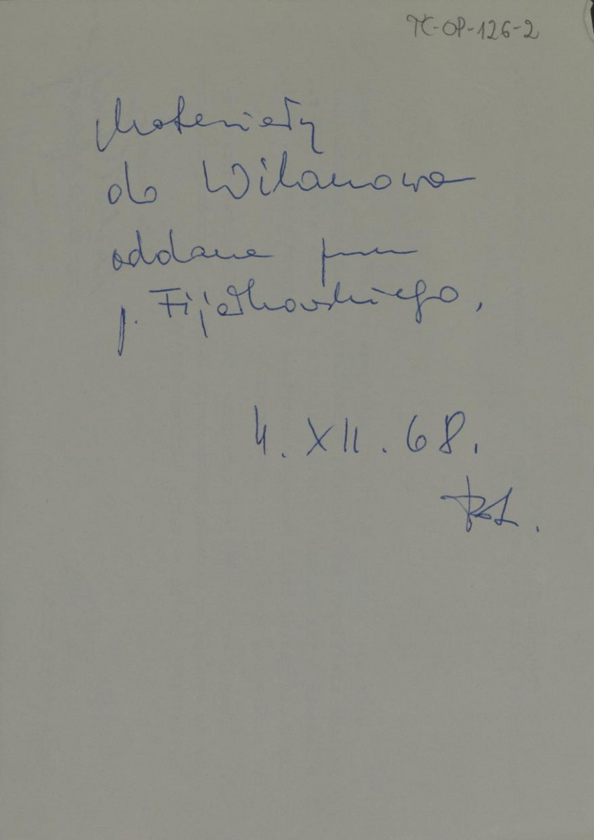 notatka o charakterze brudnopisu nt. przekazania materiałów archiwalnych dotyczących Wilanowa, skan 1