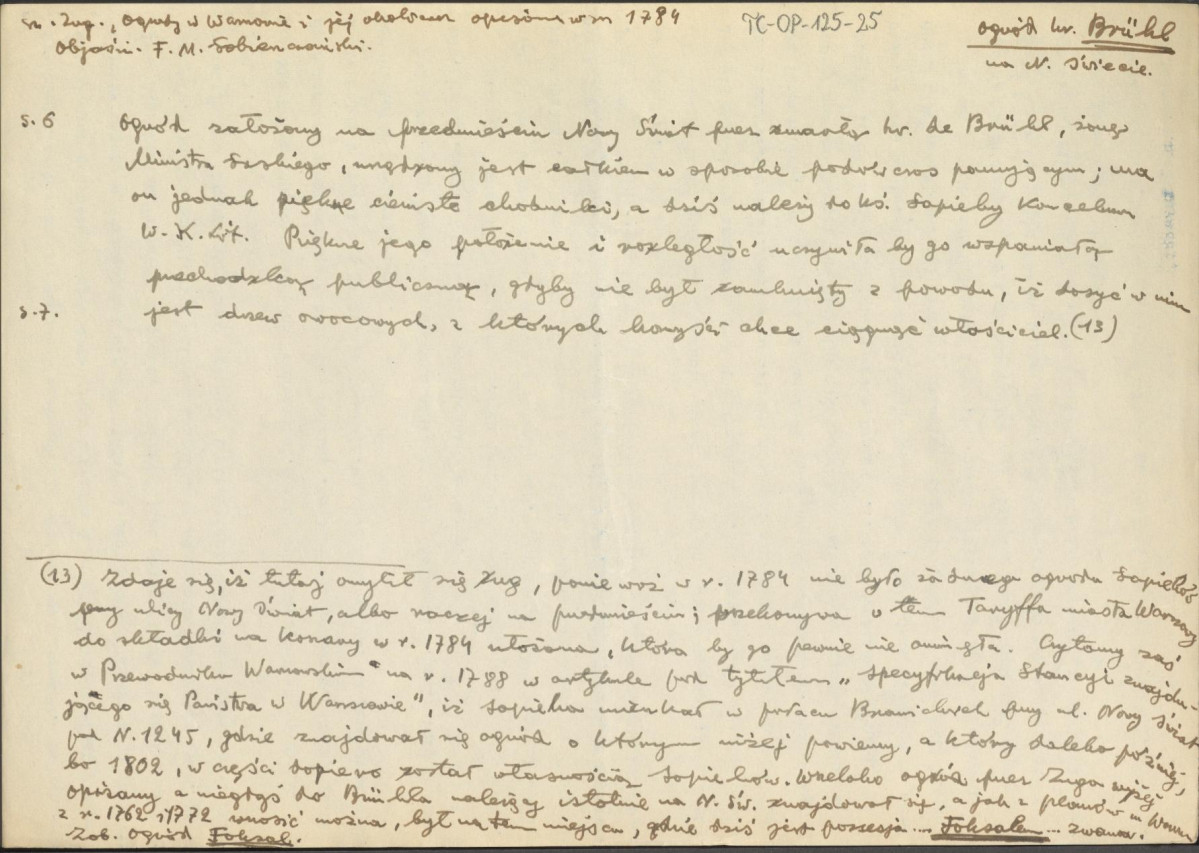 wypis z pracy Szymon Zug „Ogrody w Warszawie i jej okolicach opisane w r. 1784” (objaśnieł F. M. Sobieszański) dotyczący opisu ogrodu hr. Brühl, założonego w Warszawie przy ul. Nowy Świat, z krótkim historycznym rysem, skan 1
