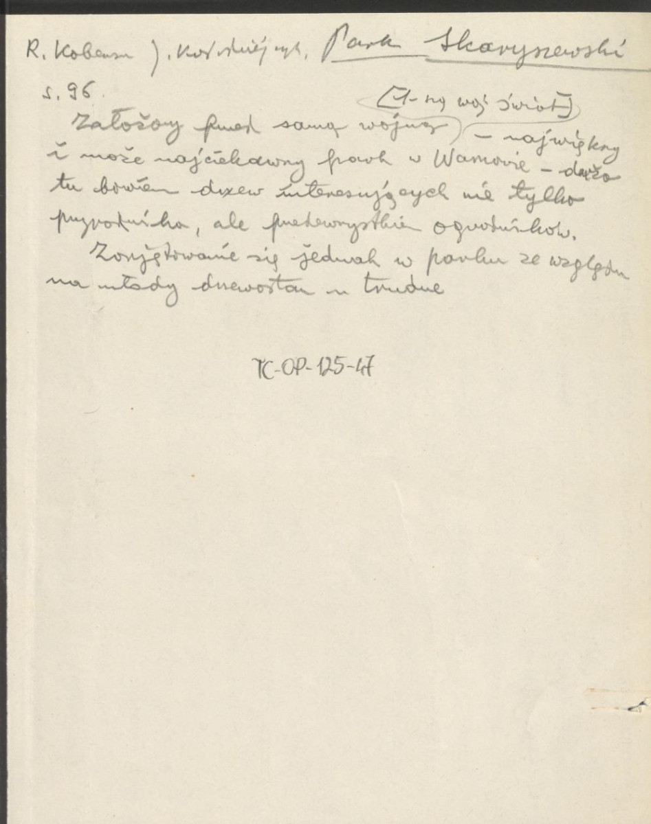wypis z Kobenza R., Kołodziejczyk J., Przewodnik florystyczny po okolicach i parkach Warszawy, Warszawa 1922, s. 96, na temat założenia warszawskiego Parku Skaryszewskiego, skan 1
