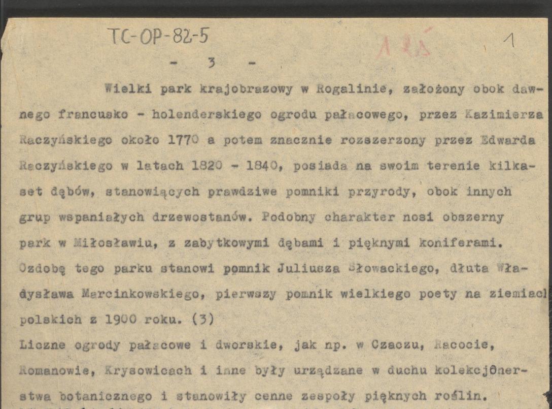 materiał roboczy, tekst do publikacji "Ogrody Polskie" (wyd. 1954) do podrozdziału „Zbieractwo botaniczne”, dotyczący założenia w Rogalinie, skan 1