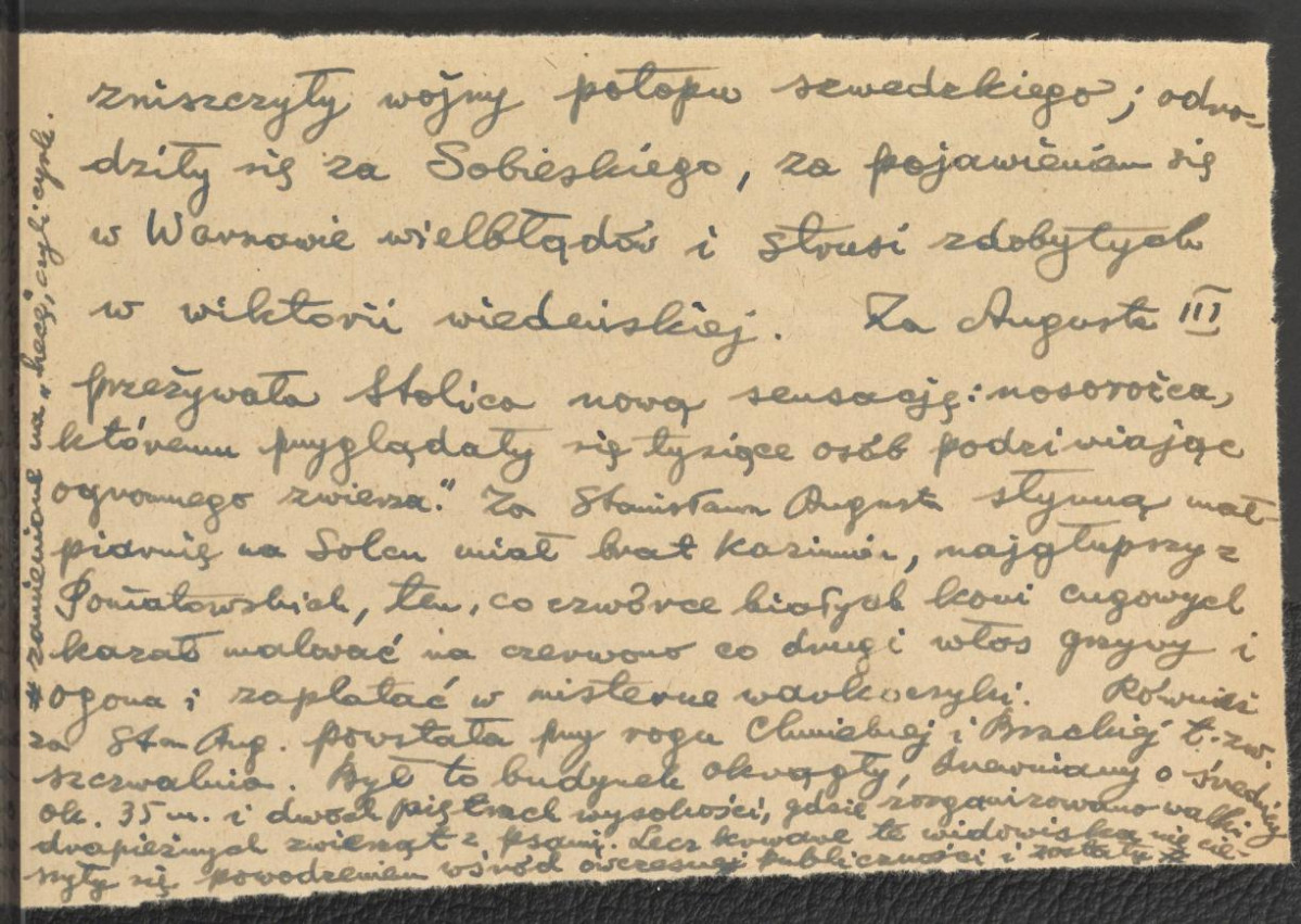 wypis z artykułu E. Szwankowskiego w: "Stolica", 1947, nr. 23(32), s.11 na temat założeń ogrodowych przypałacowych występujących w Warszawie, szczególnie w dawnym ZOO warszawskim, z uwzględnieniem egzotycznych zwierząt; dopisek: Pałac Kazanowskich, skan 2
