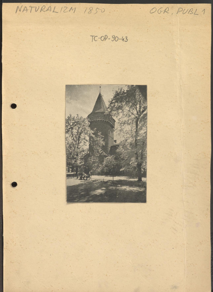 wycinek na karcie z nn.wydawnictwa przedstawia fragment Plant w Krakowie z widokiem na Basztę Pasamoników; dopisek: „Naturalizm 1850 Ogr. Publ.”, skan 1