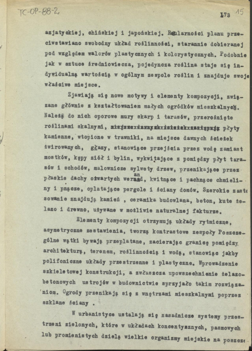 tekst, materiał roboczy do rozdziału 6. do wydawnictw: „Ogrody Polskie” i „Zarys historii kompozycji…”. Odwrotne strony nr. 13, 14, 16 zawierają notatki G.Ciołka dotyczące różnych wyliczeń: „Dekoracje kwietników”, m.in. analiza geometrii ogrodu w Wilanowie, wyliczenie typów konstrukcji planów, skan 16