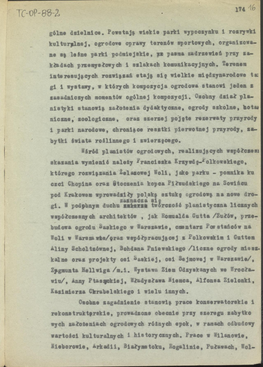 tekst, materiał roboczy do rozdziału 6. do wydawnictw: „Ogrody Polskie” i „Zarys historii kompozycji…”. Odwrotne strony nr. 13, 14, 16 zawierają notatki G.Ciołka dotyczące różnych wyliczeń: „Dekoracje kwietników”, m.in. analiza geometrii ogrodu w Wilanowie, wyliczenie typów konstrukcji planów, skan 17