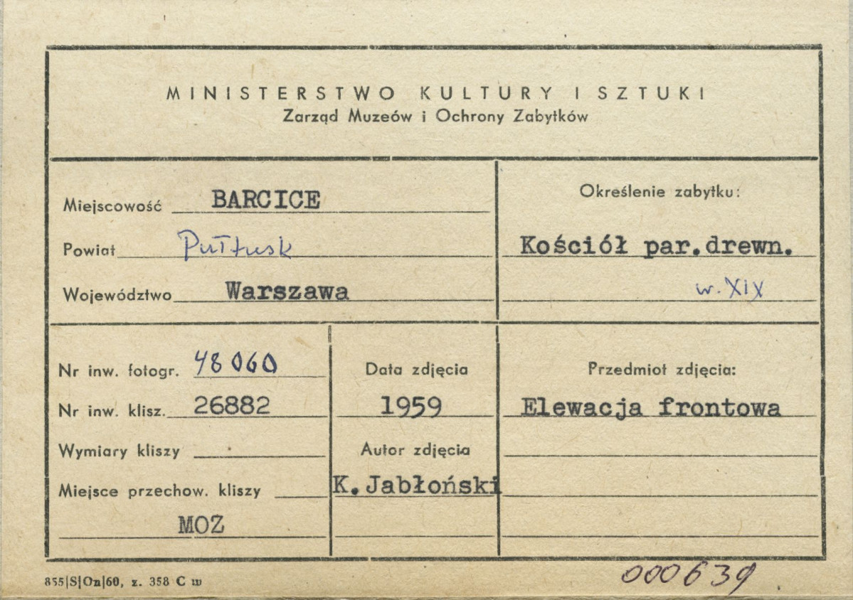 Kościół parafialny drewniany - elewacja frontowa - metryczka, skan 1
