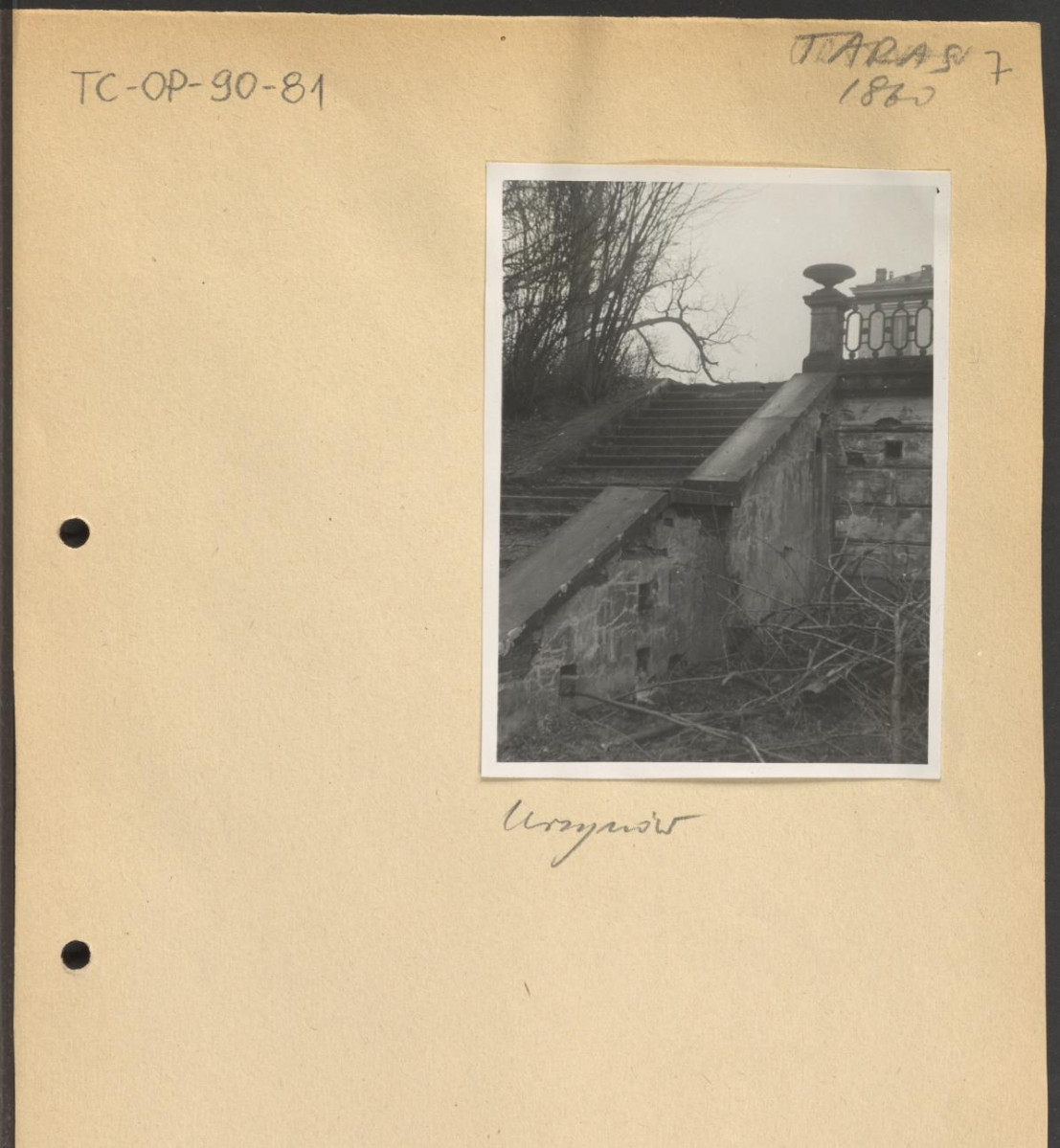 karty z opisem oraz fotografie czarno-białe przedstawiające według opisu: „Taras, 1860, Ursynów”, widok schodów i balustrady, skan 1