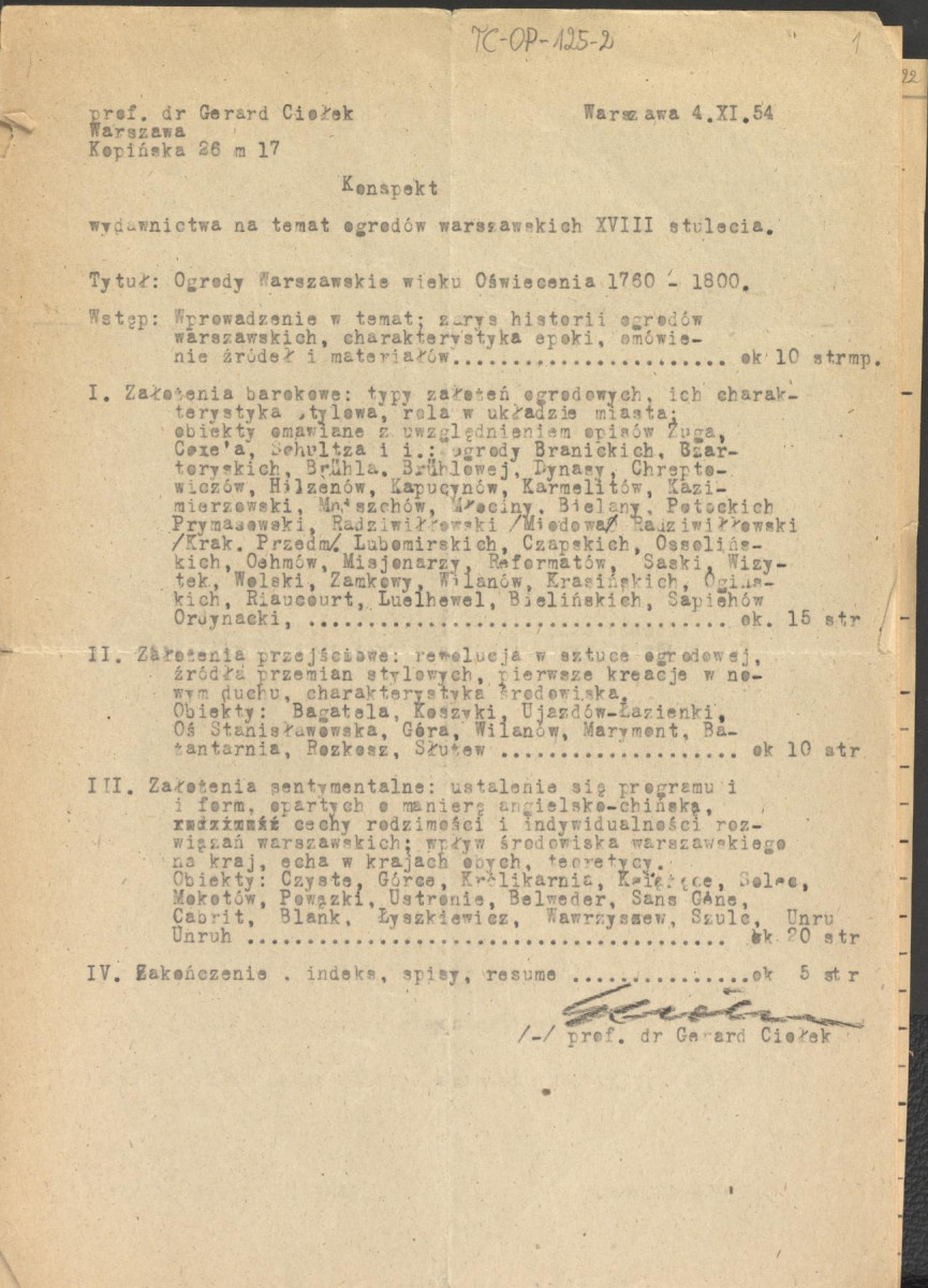 Notatki stanowiące materiał roboczy do publikacji na temat ogrodów warszawskich (w tym konspekt pracy, podział założeń ogrodowych na epoki oraz tabela z wymienionymi obiektami ogrodowymi na terenie Warszawy), skan 1