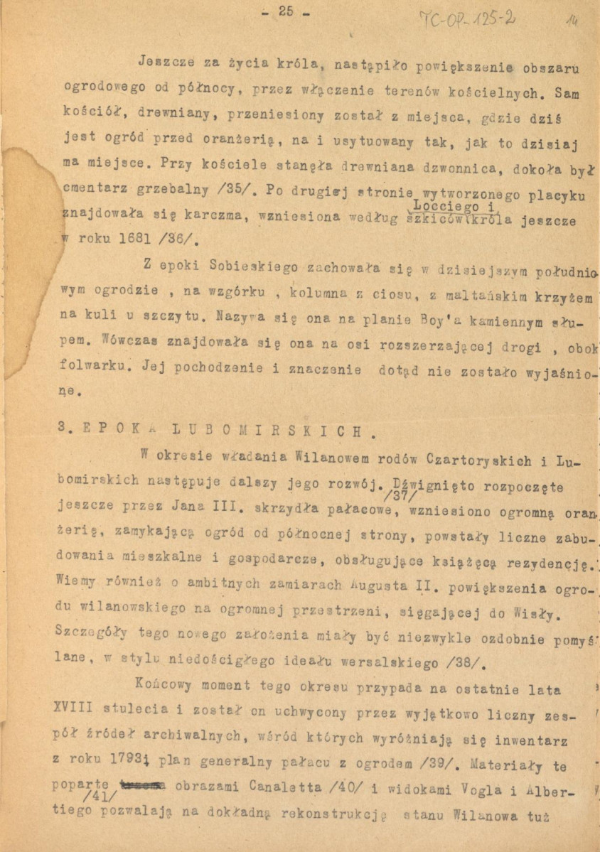 Notatki stanowiące materiał roboczy do publikacji na temat ogrodów warszawskich (w tym konspekt pracy, podział założeń ogrodowych na epoki oraz tabela z wymienionymi obiektami ogrodowymi na terenie Warszawy), skan 14