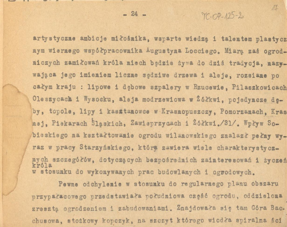 Notatki stanowiące materiał roboczy do publikacji na temat ogrodów warszawskich (w tym konspekt pracy, podział założeń ogrodowych na epoki oraz tabela z wymienionymi obiektami ogrodowymi na terenie Warszawy), skan 17