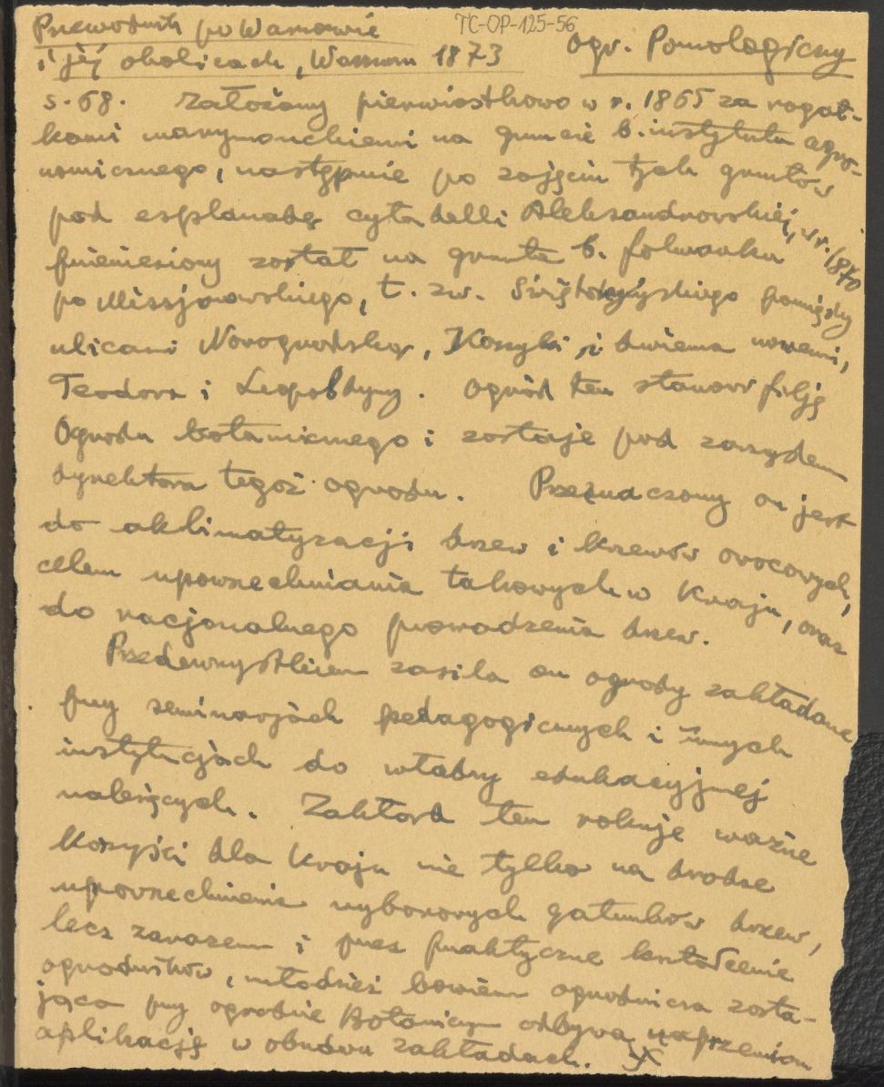 notatka na temat warszawskiego ogrodu pomologicznego, stanowiąca wypis z Chodorowicz I., Fryze F., "Przewodnik po Warszawie i jej okolicach" , Warszawa 1873, s.68, stanowiąca informację na temat różnych założeń i koncepcji ogrodowych wykorzystywanych w aklimatyzacji drzew i krzewów owocowych, skan 1