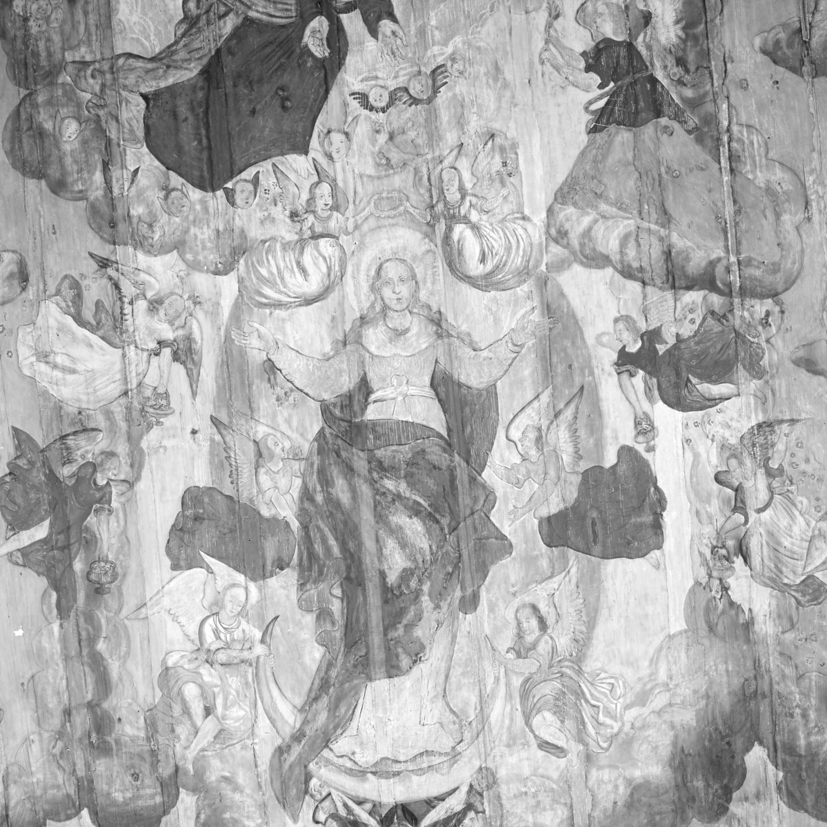 kościół pw. św. Elżbiety Węgierskiej - wnętrze - prezbiterium - strop - polichromia - Wniebowzięcie Najświętszej Marii Panny - fragment, skan 1