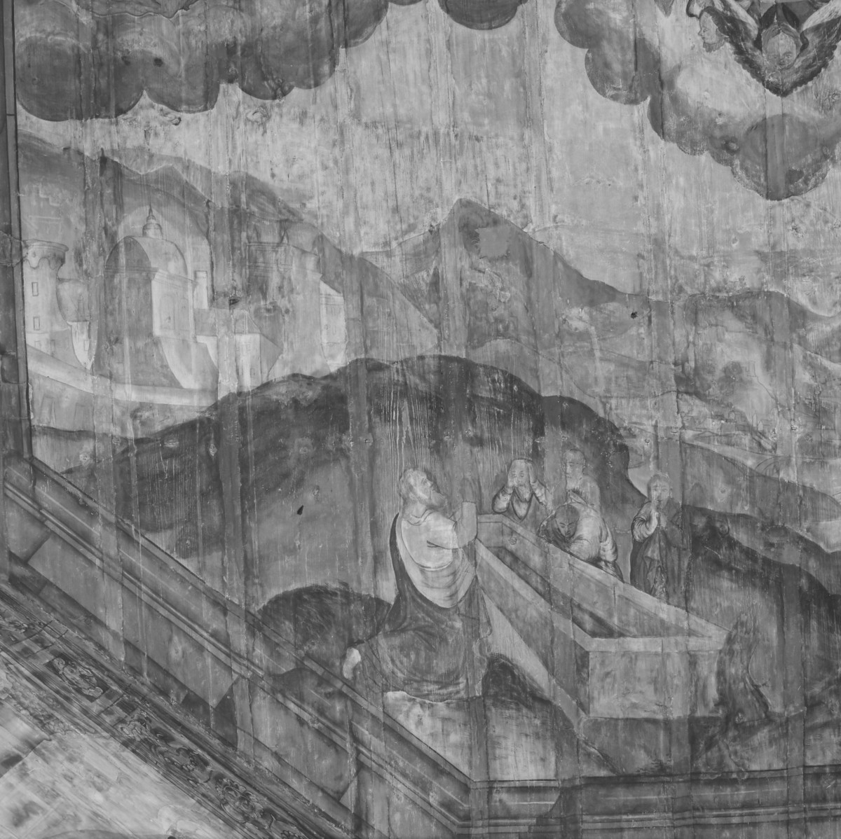 kościół pw. św. Elżbiety Węgierskiej - wnętrze - prezbiterium - strop - polichromia -  Wniebowzięcie Najświętszej Marii Panny - fragment, skan 1