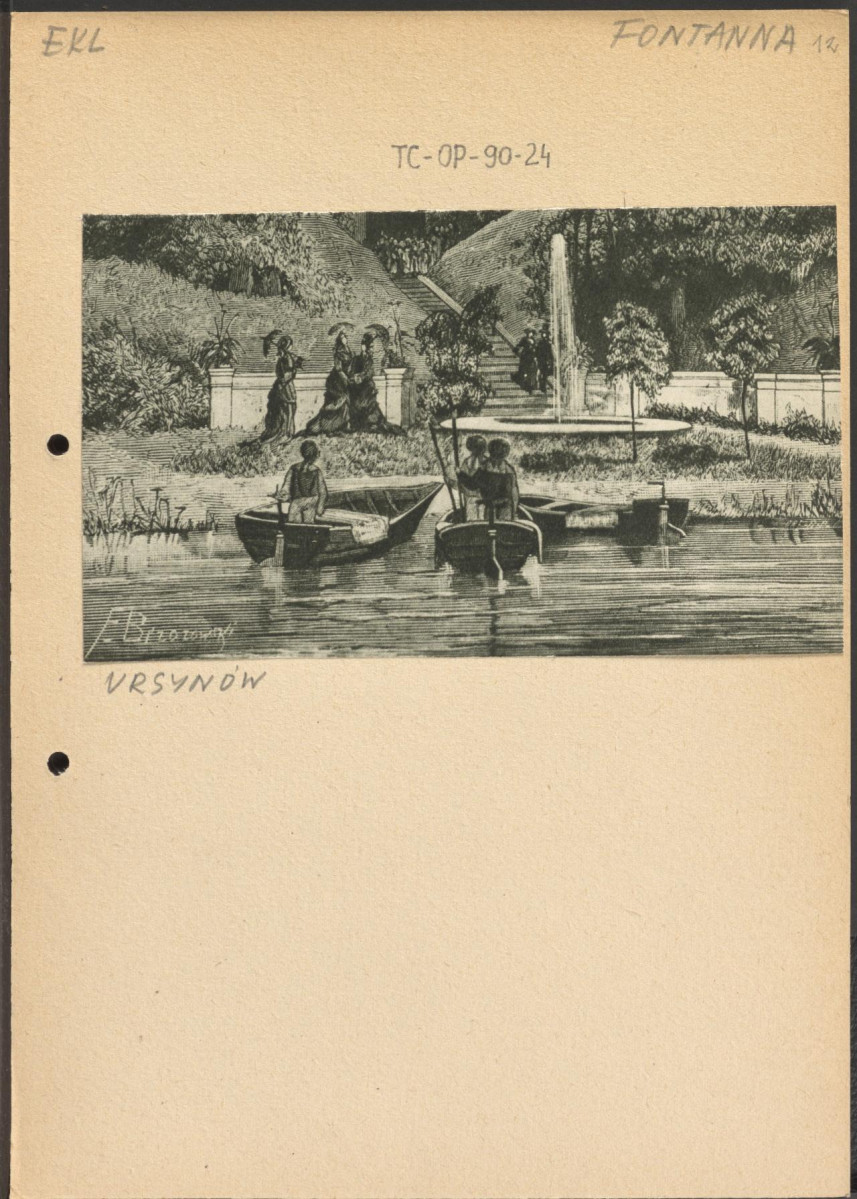 karta z opisem oraz materiał graficzny, do publikacji "Ogrody Polski" (wyd. 1954, rys 394), Park w Ursynowie, fragment ilustracji, dopisek: „Ekl. fontanna, Ursynów”, skan 1