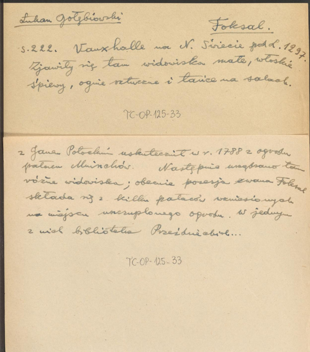 wypis z Gołębiowski Ł., "Opisanie historyczno-statystyczne miasta Warszawy", Warszawa 1827, s. 222, na temat zabaw w warszawskiej willi zwanej Foksal oraz zwięzła notatka dotycząca lokalizacji tej posesji, skan 1