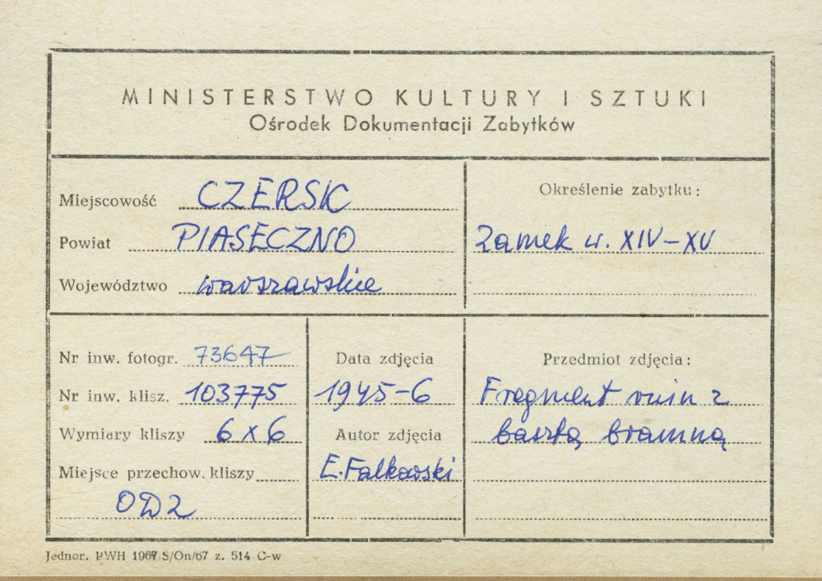 Ruiny zamku - wieża bramna, widok  od strony płd. - zach. - metryczka, skan 1