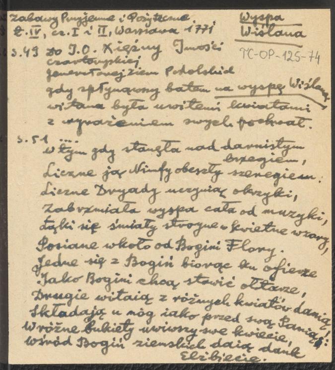 zwięzły wypis z "Zabawy przyjemne i pożyteczne" t. IV, cz I i II, Warszawa 1771 na temat Wyspy Wiślanej (spojrzenie romantyczne), skan 1