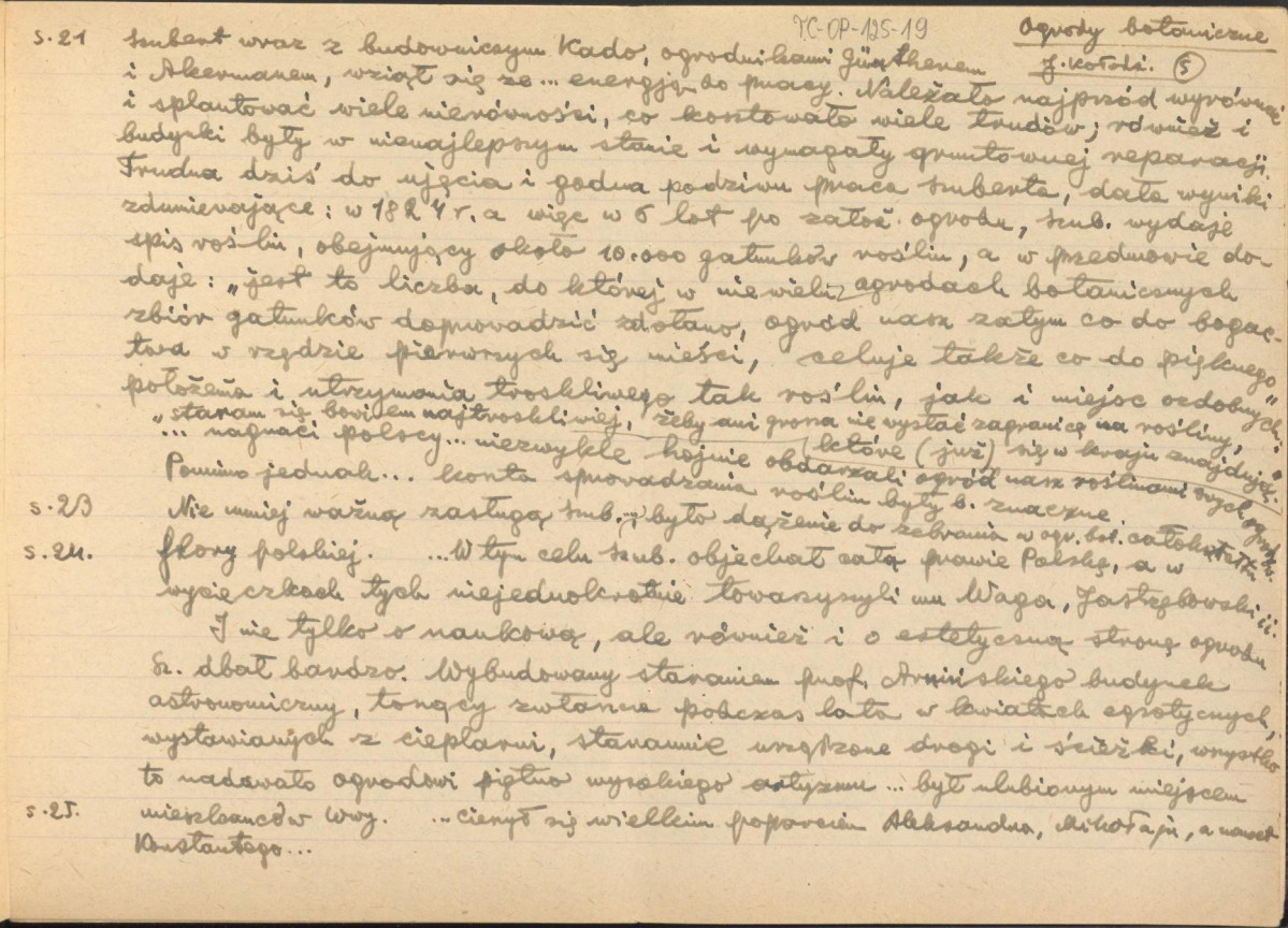 wypis z pracy Kołodziejczyk J., Ogrody botaniczne w Warszawie, Warszawa 1918, na temat roślin ogrodowych oraz historycznych planów różnych założeń ogrodów botanicznych w Warszawie, skan 5