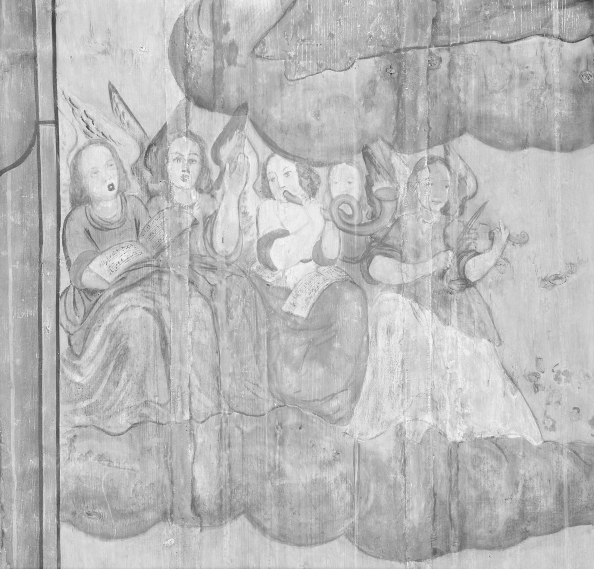 kościół pw. św. Elżbiety Węgierskiej - wnętrze - prezbiterium - strop - polichromia -  Wniebowzięcie Najświętszej Marii Panny - fragment z Chórem Anielskim, skan 1