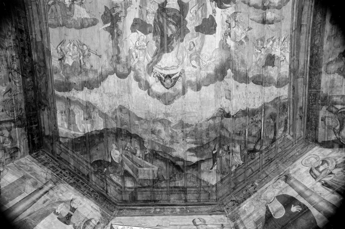 kościół pw. św. Elżbiety Węgierskiej - wnętrze - prezbiterium - strop - polichromia -  Wniebowzięcie Najświętszej Marii Panny - fragment, skan 1