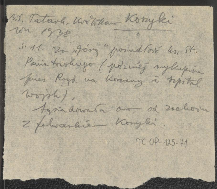 zwięzły wypis z W. Tatarkiewicz Królikarnia: analiza i dzieje, Warszawa 1938, na temat lokalizacji Królikarni zlokalizowanej w sąsiedztwie z folwarkiem Koszyki w Warszawie, skan 1