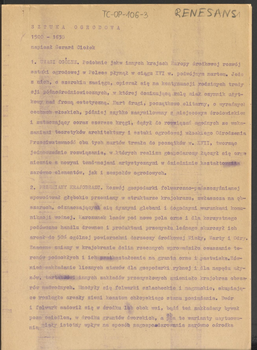 tekst roboczy do publikacji "Ogrody Polskie", wyd. Warszawa, 1954 – fragment rozdziału II, Ogrody Odrodzenia – kolejna wersja , skan 1