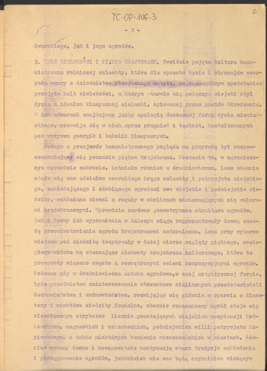 tekst roboczy do publikacji "Ogrody Polskie", wyd. Warszawa, 1954 – fragment rozdziału II, Ogrody Odrodzenia – kolejna wersja , skan 2