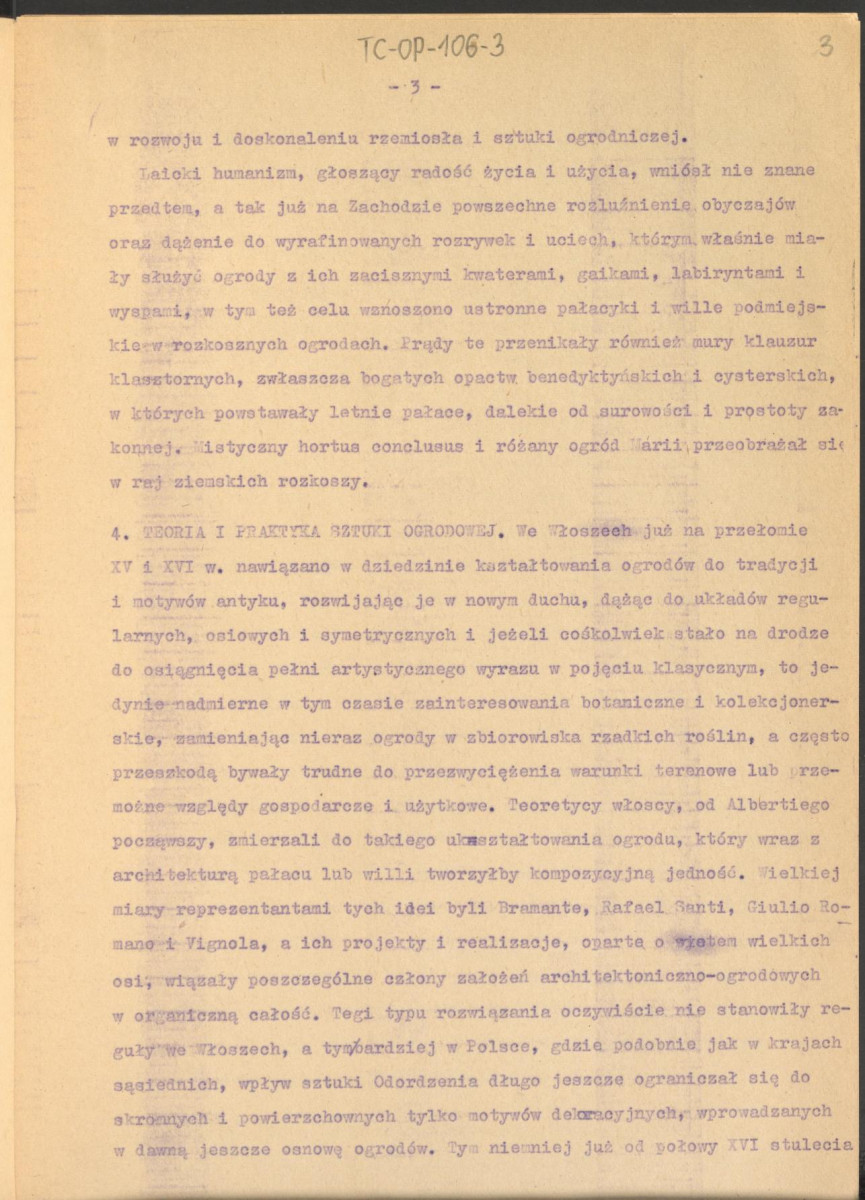 tekst roboczy do publikacji "Ogrody Polskie", wyd. Warszawa, 1954 – fragment rozdziału II, Ogrody Odrodzenia – kolejna wersja , skan 3