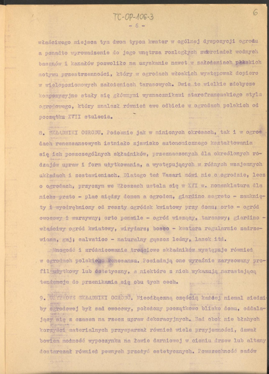 tekst roboczy do publikacji "Ogrody Polskie", wyd. Warszawa, 1954 – fragment rozdziału II, Ogrody Odrodzenia – kolejna wersja , skan 6