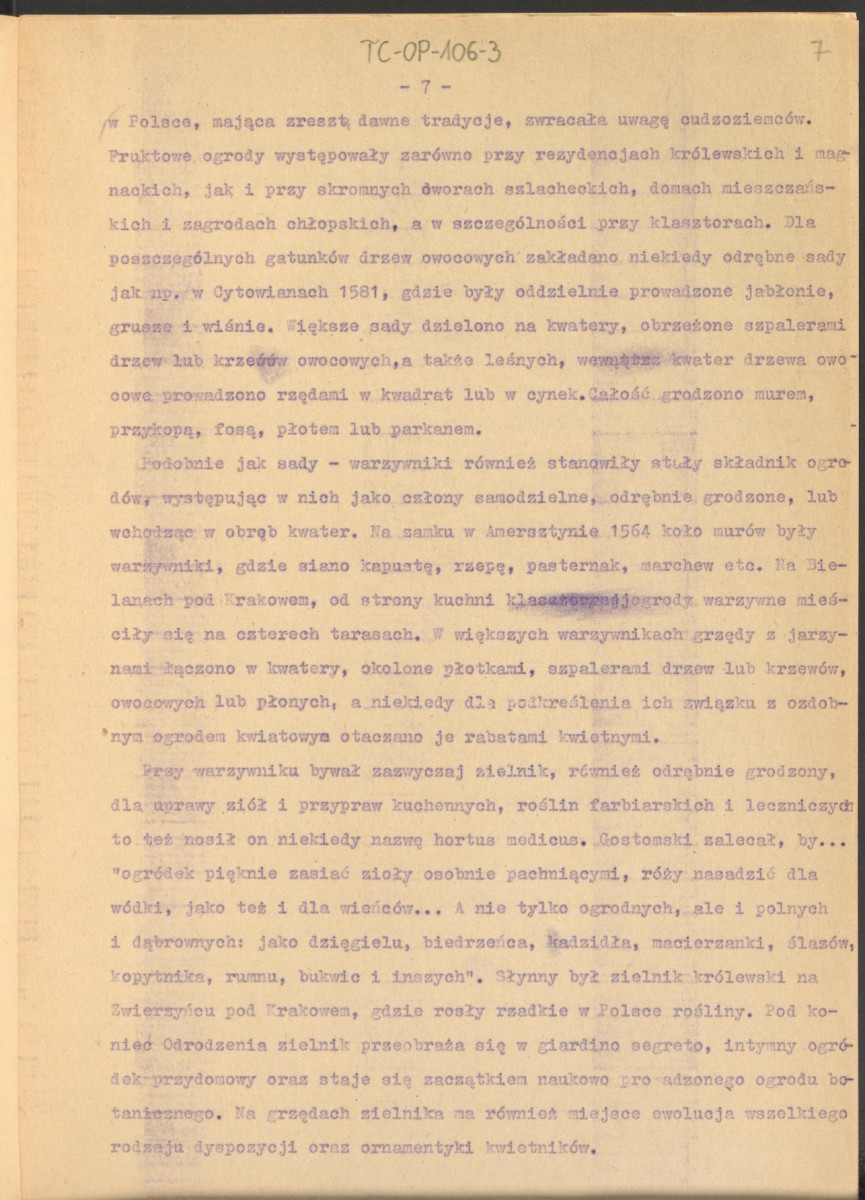 tekst roboczy do publikacji "Ogrody Polskie", wyd. Warszawa, 1954 – fragment rozdziału II, Ogrody Odrodzenia – kolejna wersja , skan 7