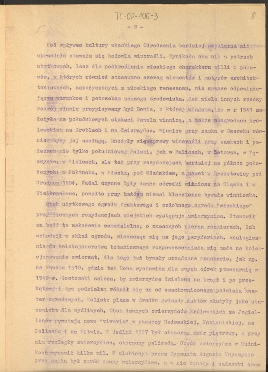 tekst roboczy do publikacji "Ogrody Polskie", wyd. Warszawa, 1954 – fragment rozdziału II, Ogrody Odrodzenia – kolejna wersja , skan 8