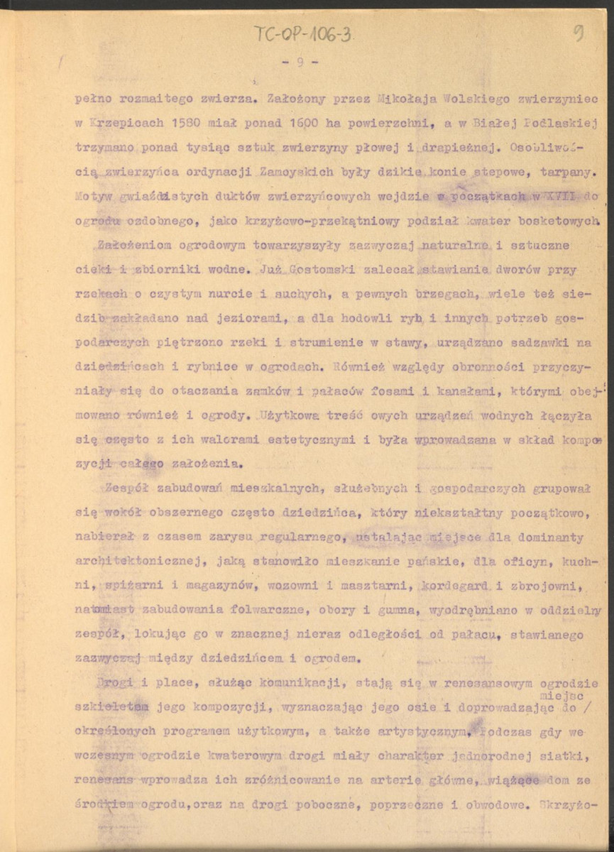 tekst roboczy do publikacji "Ogrody Polskie", wyd. Warszawa, 1954 – fragment rozdziału II, Ogrody Odrodzenia – kolejna wersja , skan 9
