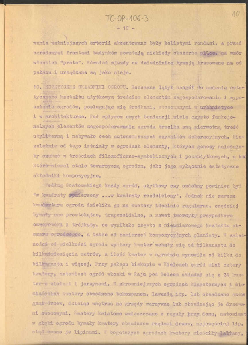 tekst roboczy do publikacji "Ogrody Polskie", wyd. Warszawa, 1954 – fragment rozdziału II, Ogrody Odrodzenia – kolejna wersja , skan 10