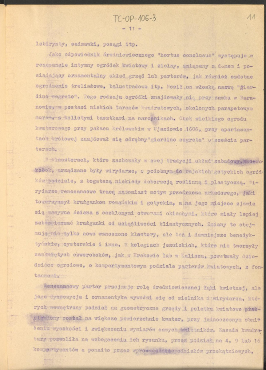 tekst roboczy do publikacji "Ogrody Polskie", wyd. Warszawa, 1954 – fragment rozdziału II, Ogrody Odrodzenia – kolejna wersja , skan 11