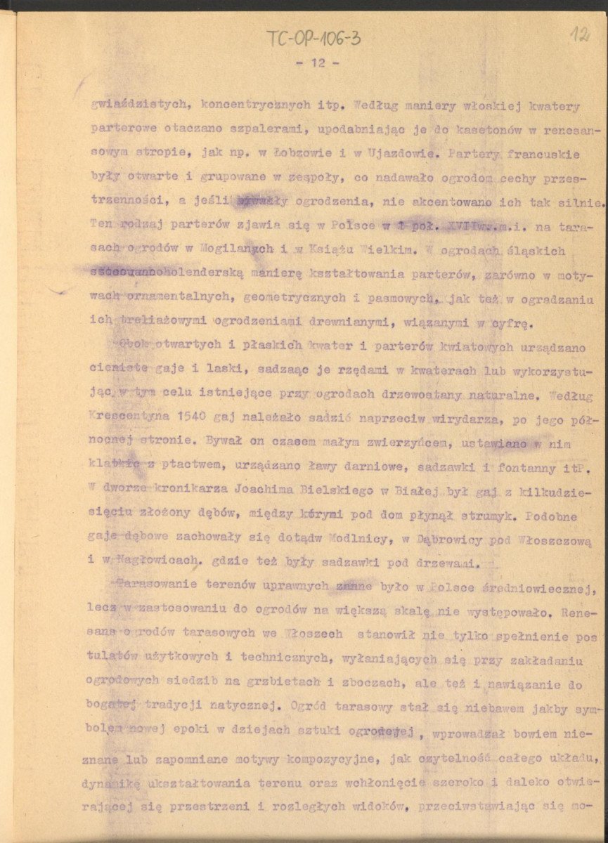 tekst roboczy do publikacji "Ogrody Polskie", wyd. Warszawa, 1954 – fragment rozdziału II, Ogrody Odrodzenia – kolejna wersja , skan 12