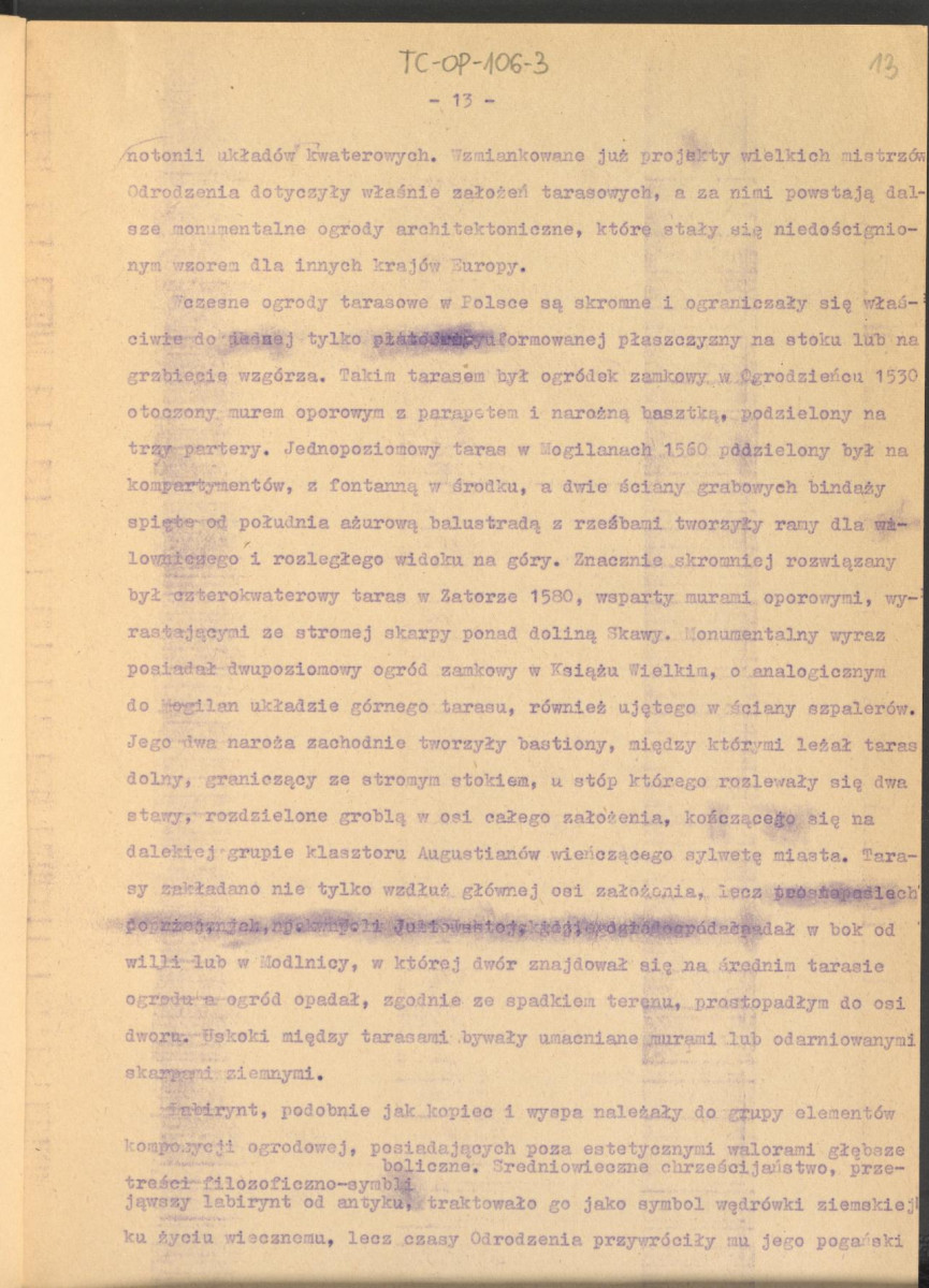tekst roboczy do publikacji "Ogrody Polskie", wyd. Warszawa, 1954 – fragment rozdziału II, Ogrody Odrodzenia – kolejna wersja , skan 13