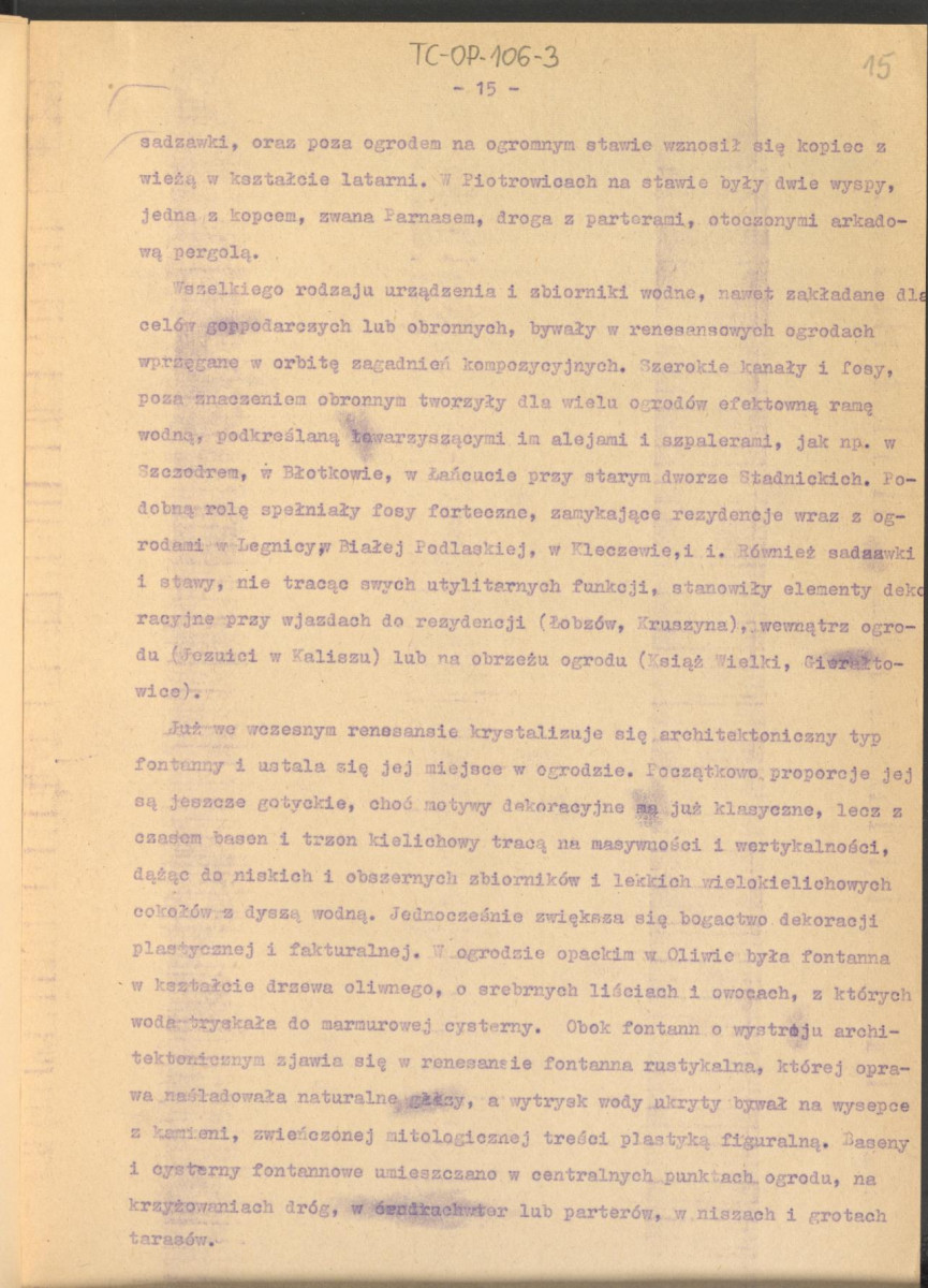 tekst roboczy do publikacji "Ogrody Polskie", wyd. Warszawa, 1954 – fragment rozdziału II, Ogrody Odrodzenia – kolejna wersja , skan 15