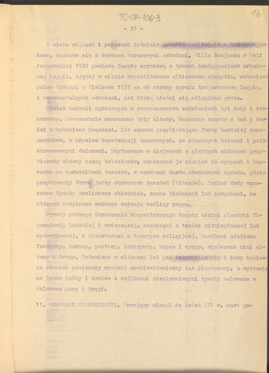 tekst roboczy do publikacji "Ogrody Polskie", wyd. Warszawa, 1954 – fragment rozdziału II, Ogrody Odrodzenia – kolejna wersja , skan 16