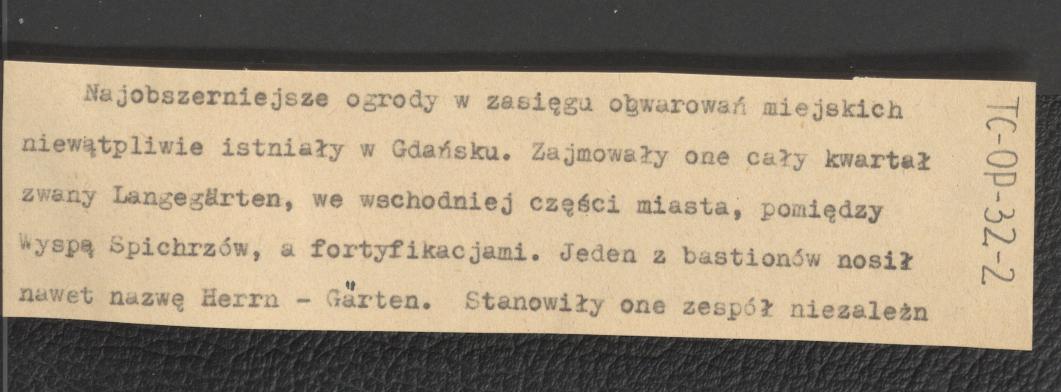 tekst, fragment karty, materiał roboczy opisujący ogrody miejskie w Gdańsku, skan 1