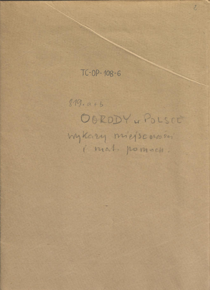 obwoluta zatytuowana "Ogrody w Polsce - wykaz miejscowości i mat. pomocn.", skan 1