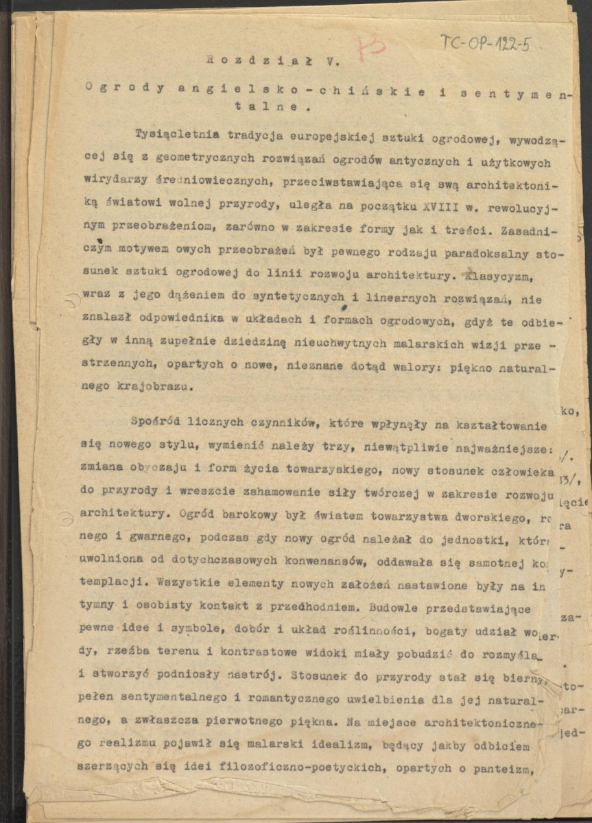tekst podzielony na części składowe (cz.4) pełnego rozdziału stanowiący materiał roboczy przygotowany z myślą o publikacji "Ogrody Polskie" (wyd. 1954) wraz z naniesionymi poprawkami, oddzielnie przygotowaną obwolutą oraz przypisami, skan 1