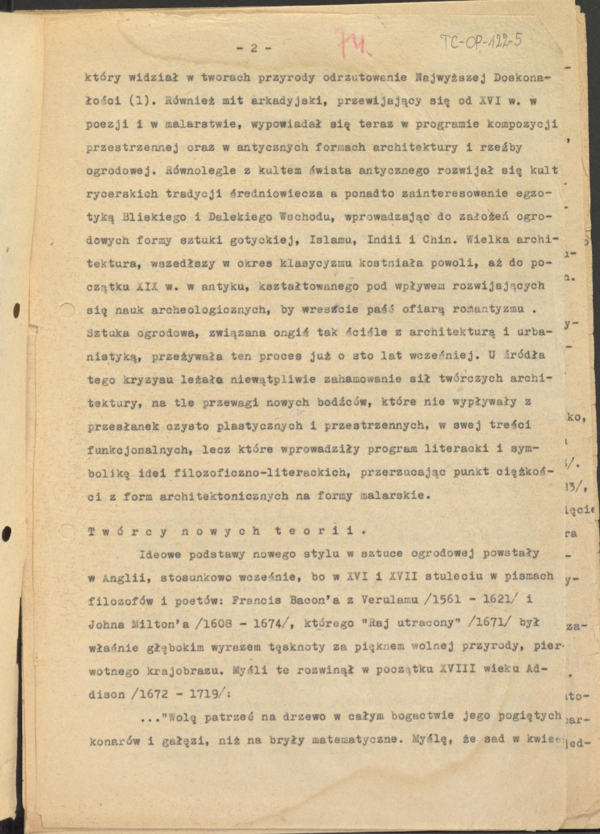 tekst podzielony na części składowe (cz.4) pełnego rozdziału stanowiący materiał roboczy przygotowany z myślą o publikacji "Ogrody Polskie" (wyd. 1954) wraz z naniesionymi poprawkami, oddzielnie przygotowaną obwolutą oraz przypisami, skan 2