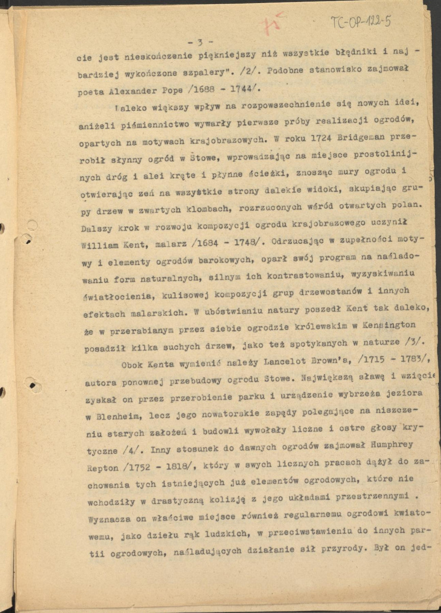 tekst podzielony na części składowe (cz.4) pełnego rozdziału stanowiący materiał roboczy przygotowany z myślą o publikacji "Ogrody Polskie" (wyd. 1954) wraz z naniesionymi poprawkami, oddzielnie przygotowaną obwolutą oraz przypisami, skan 3