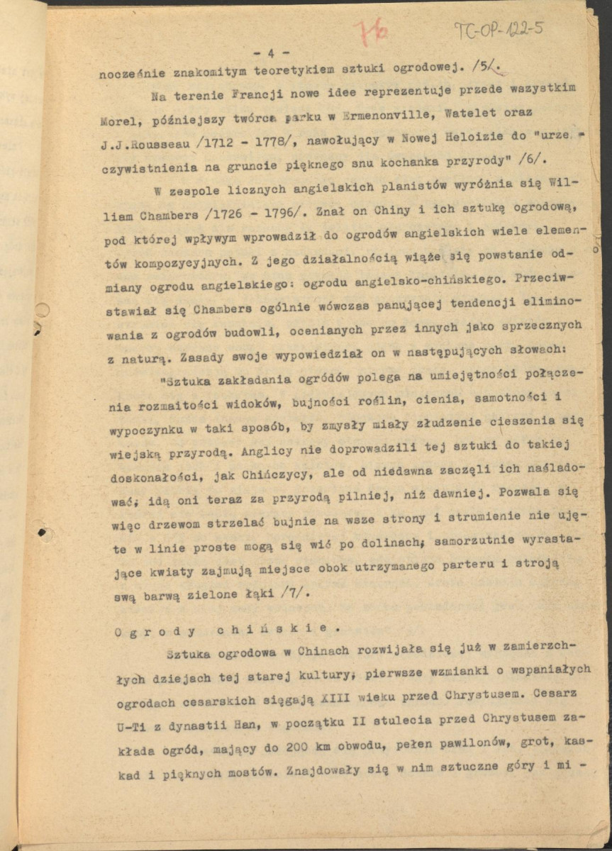 tekst podzielony na części składowe (cz.4) pełnego rozdziału stanowiący materiał roboczy przygotowany z myślą o publikacji "Ogrody Polskie" (wyd. 1954) wraz z naniesionymi poprawkami, oddzielnie przygotowaną obwolutą oraz przypisami, skan 4