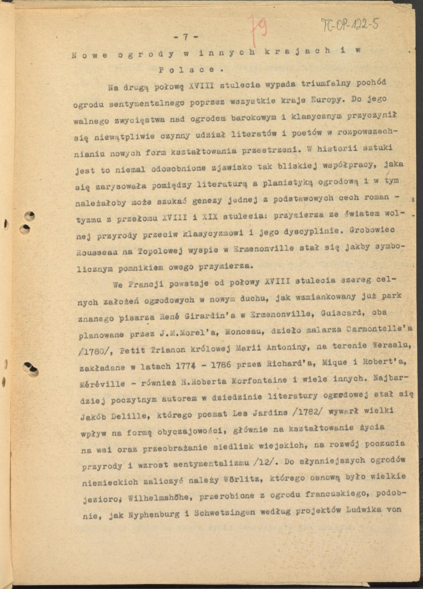 tekst podzielony na części składowe (cz.4) pełnego rozdziału stanowiący materiał roboczy przygotowany z myślą o publikacji "Ogrody Polskie" (wyd. 1954) wraz z naniesionymi poprawkami, oddzielnie przygotowaną obwolutą oraz przypisami, skan 7