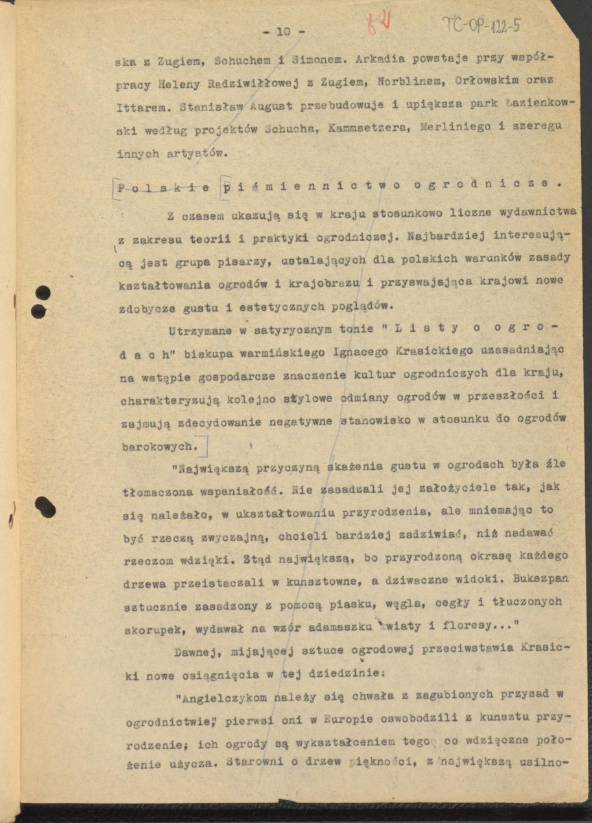 tekst podzielony na części składowe (cz.4) pełnego rozdziału stanowiący materiał roboczy przygotowany z myślą o publikacji "Ogrody Polskie" (wyd. 1954) wraz z naniesionymi poprawkami, oddzielnie przygotowaną obwolutą oraz przypisami, skan 10