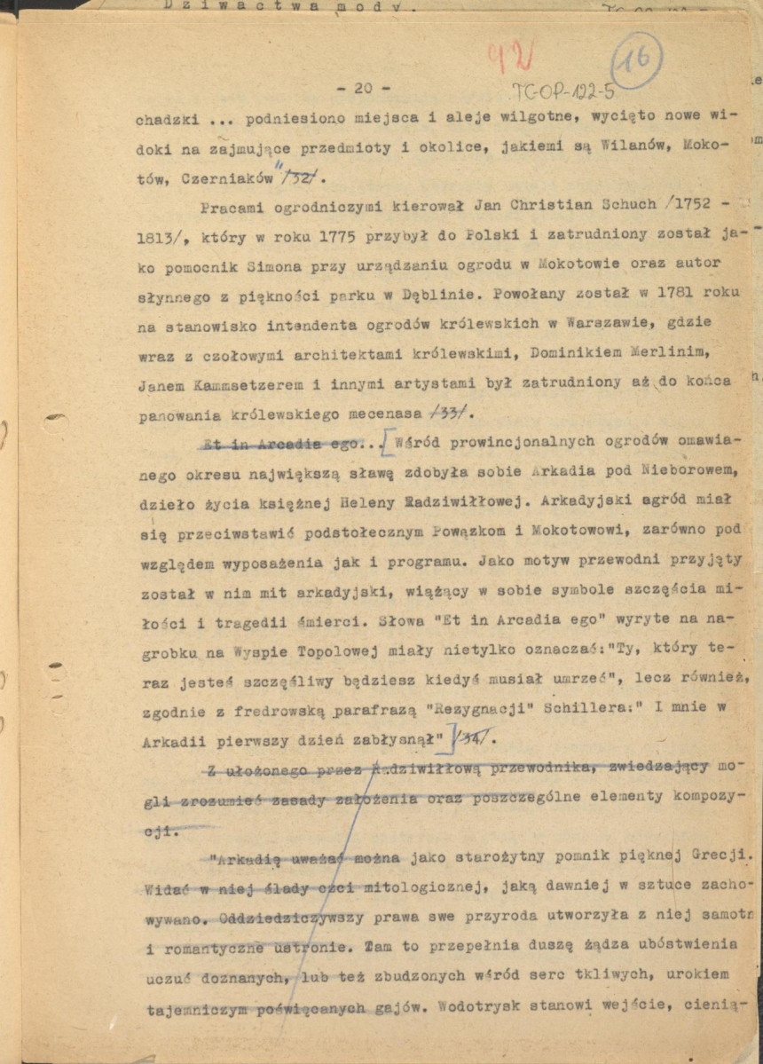 tekst podzielony na części składowe (cz.4) pełnego rozdziału stanowiący materiał roboczy przygotowany z myślą o publikacji "Ogrody Polskie" (wyd. 1954) wraz z naniesionymi poprawkami, oddzielnie przygotowaną obwolutą oraz przypisami, skan 20