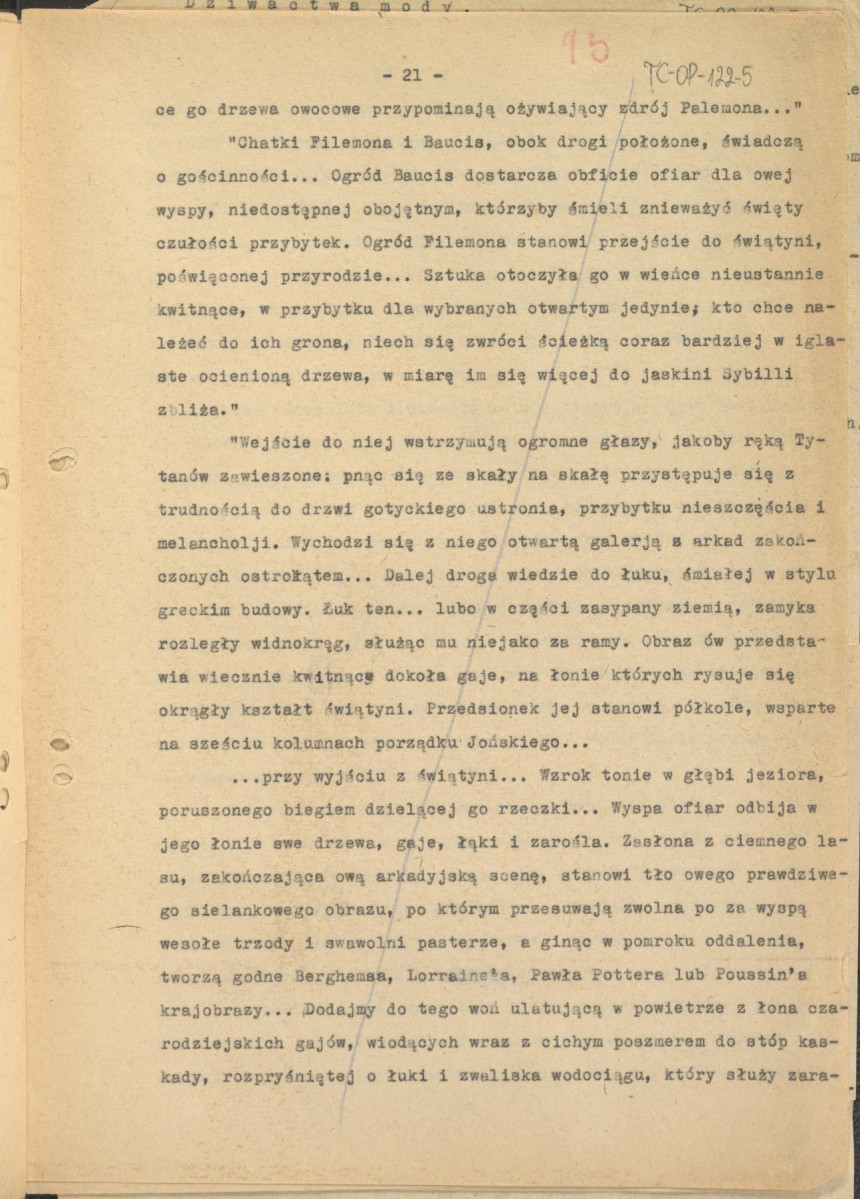 tekst podzielony na części składowe (cz.4) pełnego rozdziału stanowiący materiał roboczy przygotowany z myślą o publikacji "Ogrody Polskie" (wyd. 1954) wraz z naniesionymi poprawkami, oddzielnie przygotowaną obwolutą oraz przypisami, skan 21