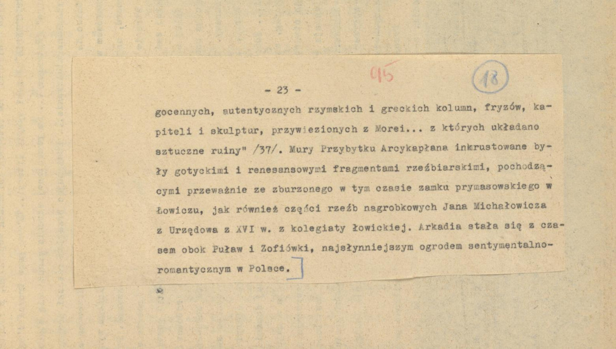 tekst podzielony na części składowe (cz.4) pełnego rozdziału stanowiący materiał roboczy przygotowany z myślą o publikacji "Ogrody Polskie" (wyd. 1954) wraz z naniesionymi poprawkami, oddzielnie przygotowaną obwolutą oraz przypisami, skan 23