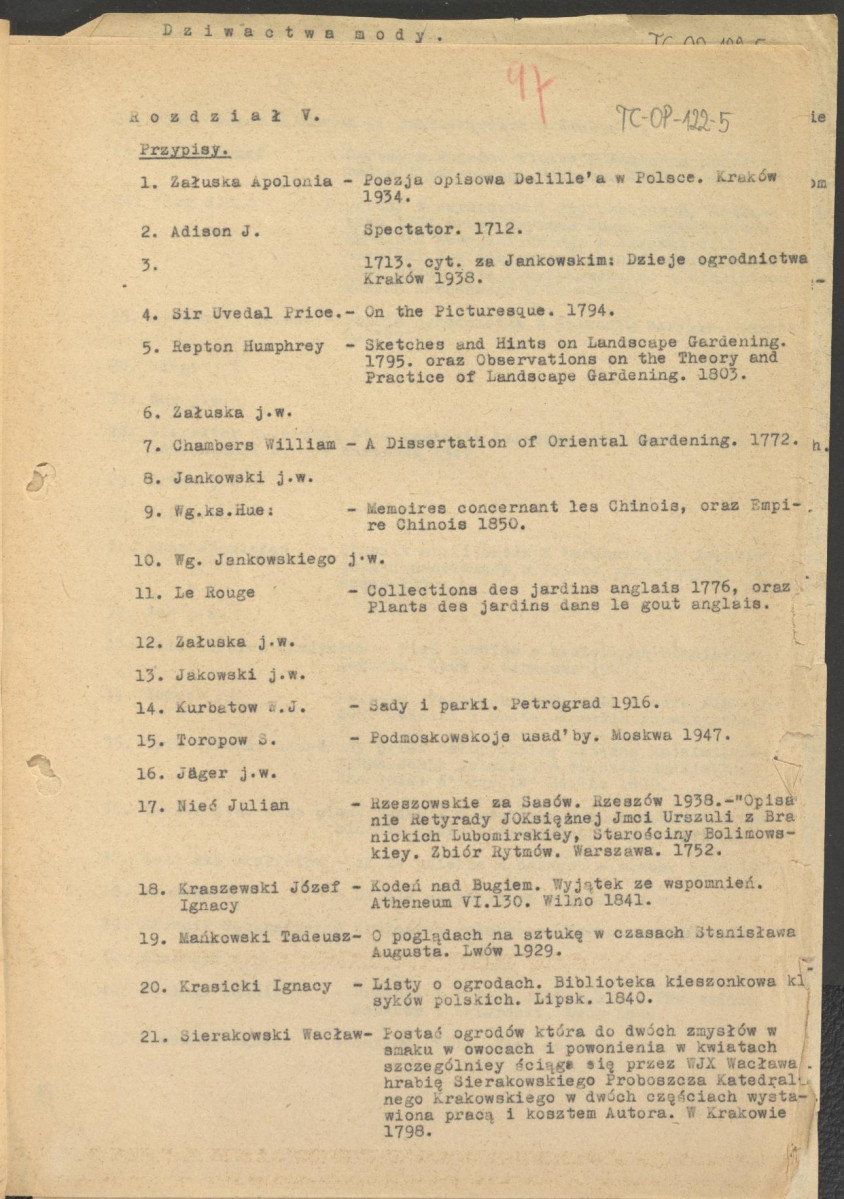 tekst podzielony na części składowe (cz.4) pełnego rozdziału stanowiący materiał roboczy przygotowany z myślą o publikacji "Ogrody Polskie" (wyd. 1954) wraz z naniesionymi poprawkami, oddzielnie przygotowaną obwolutą oraz przypisami, skan 24